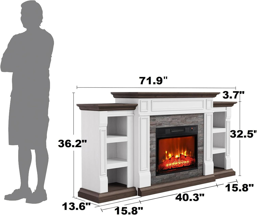 72" Electric Fireplace with Mantel and Cabinets, Fireplace TV Stand for Living Room Bedroom, Stacked Stone Surround