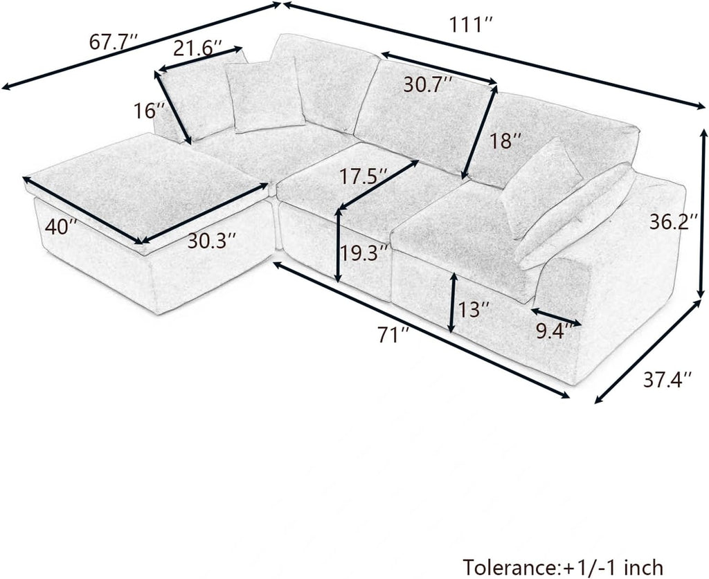 111" Cloud Modular Sectional Sofa, Deep Seat Memory Foam L-Shape Couch with Ottoman, Convertible Modular Sofa Couch