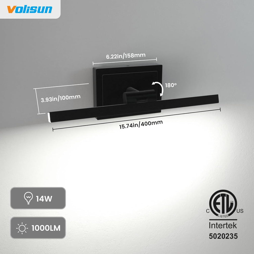 Modern Bathroom Vanity Light 15.7 inch, Rotatable, 12W Dimmable 5CCT Led Bathroom Light Fixture Over Mirror, Black