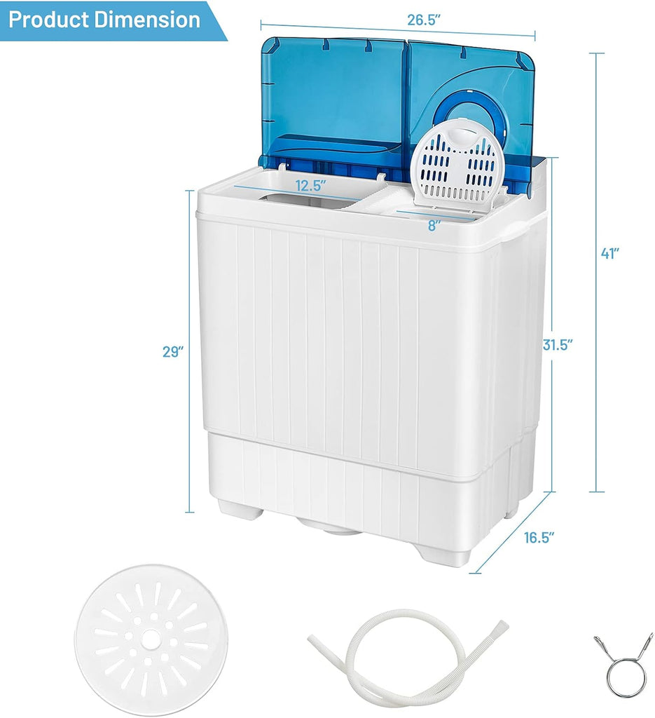 Washing Machine Semi-automatic, Twin Tub Washer with Spin Dryer, 26lbs Capacity, Built-in Drain Pump, Portable Laundry