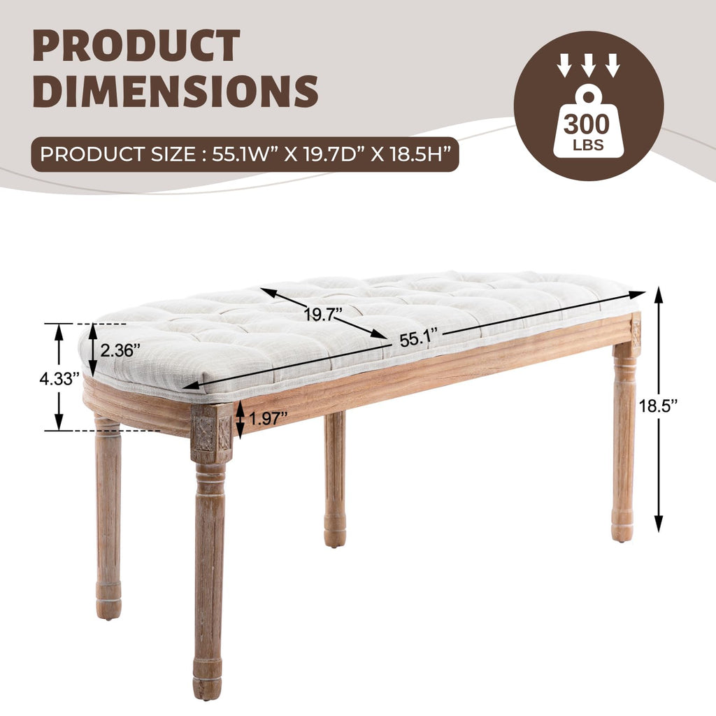 55" Button Tufted Semi-Circle Dining Bench Linen Halfmoon Entryway Bench Comfy Upholstered Bench Seat for Bay