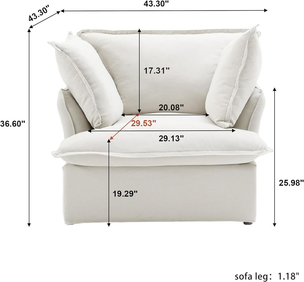 43" Modern Comfy Couch Chair with Thick Cushion, Couch Single Accent Chair Deep Seat Sofa Couches, Hemp Velvet Sofas Furniture for Small Spaces Living Room Bedroom Office Apartment (White)