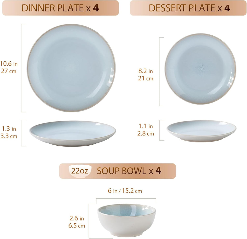 Plates and Bowls Sets for 4 - 12-Piece Stoneware Dinnerware Sets, Ceramic Dishware SetUse and Formal Dining