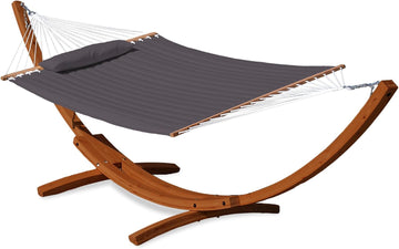 12 FT Double Quilted Fabric Hammock and 13 FT Brown Wood Arc Stand, with Spreader Bar, Removable Pillow, 2 Person