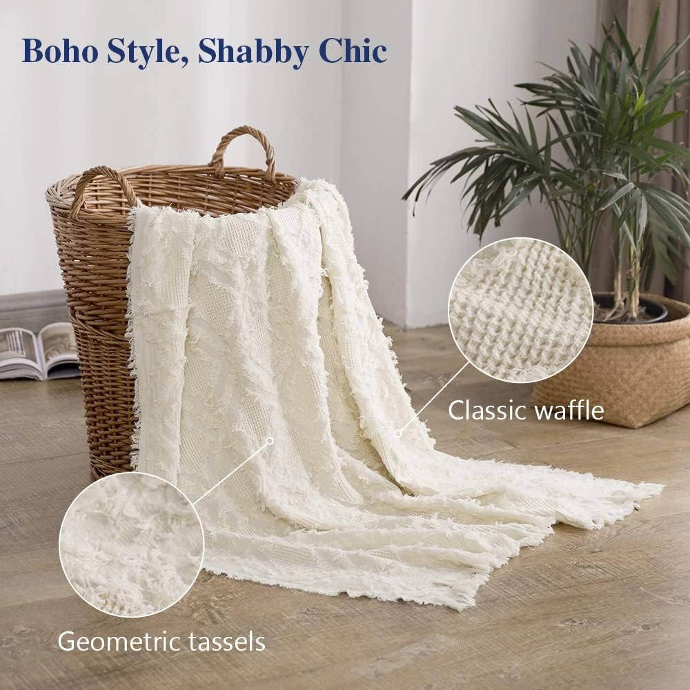 100% Cotton Throw Blanket, Boho Textured Geometric Knit Woven Blanket with Tassels Soft, Lightweight Breathable