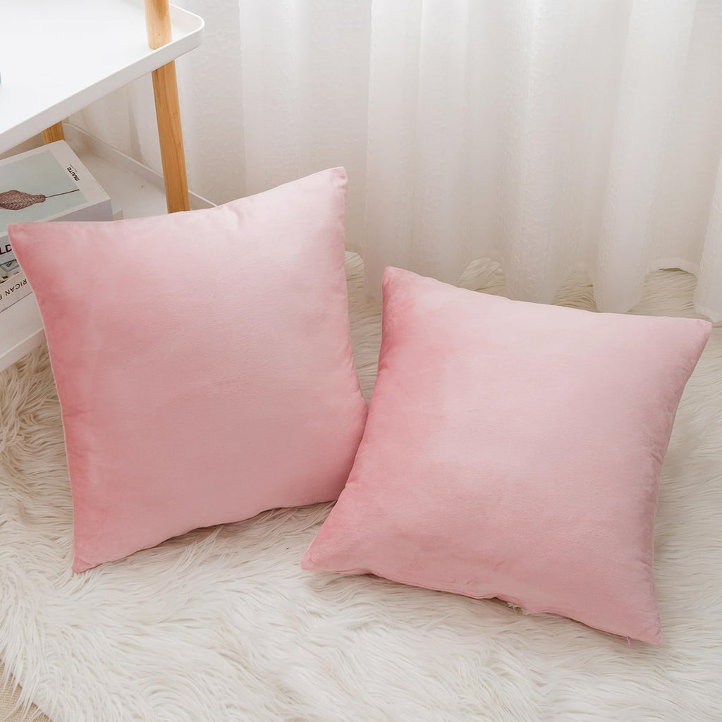 Velvet Decorative Throw Pillow Covers, Soft Square Cushion Case Home Decor, Set of 2 Pack, Pink, 18x18 Inch