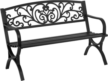 Garden Bench 50 inch Outdoor Metal Loveseat Chairs with Armrests Slatted Seat and w/Floral Design Backrest for Park