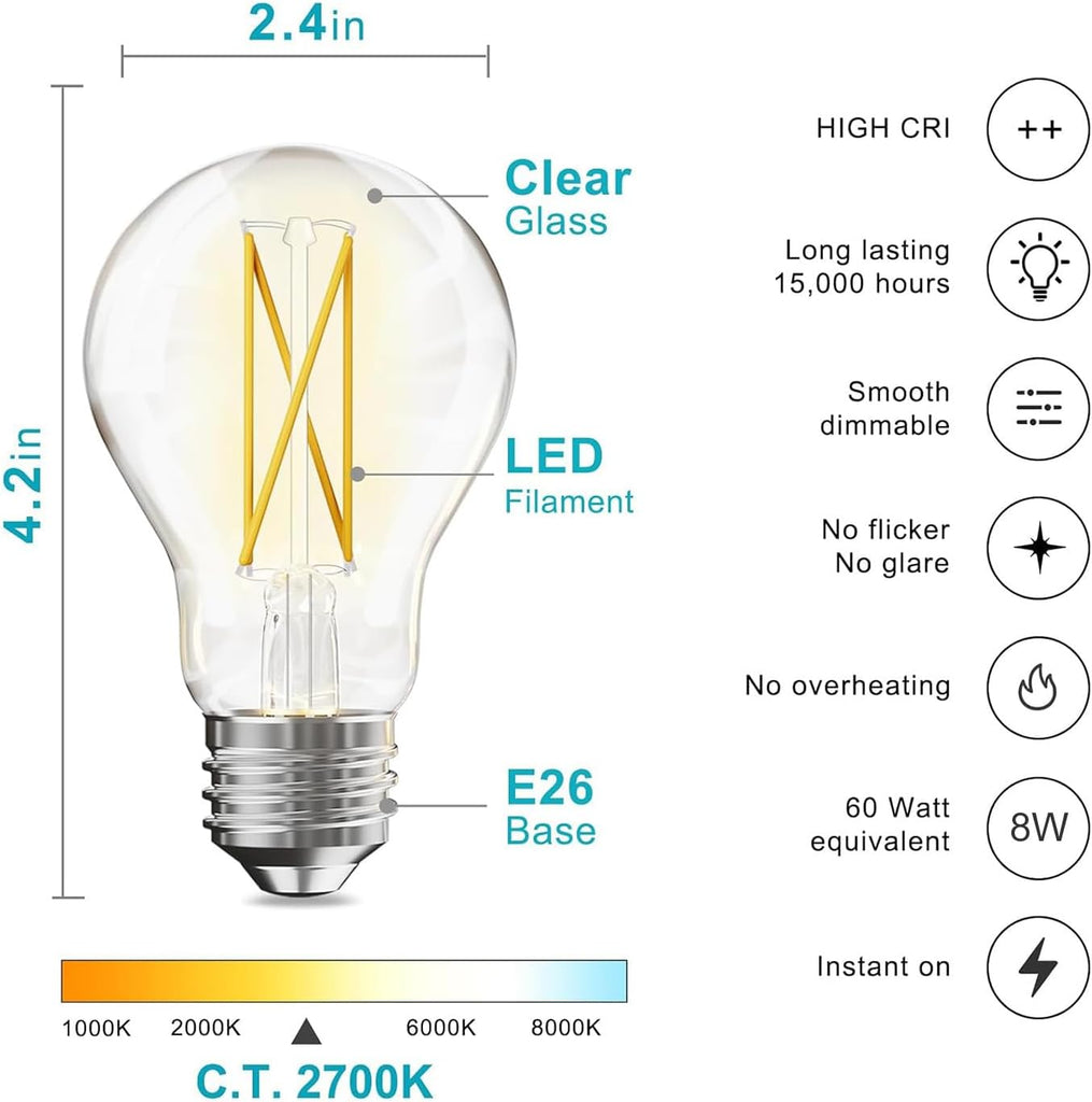 12 Pack A19 Vintage LED Edison Bulbs, Dimmable, 60W Equivalent, High Brightness 2700K Soft White, 8W E26 Standard