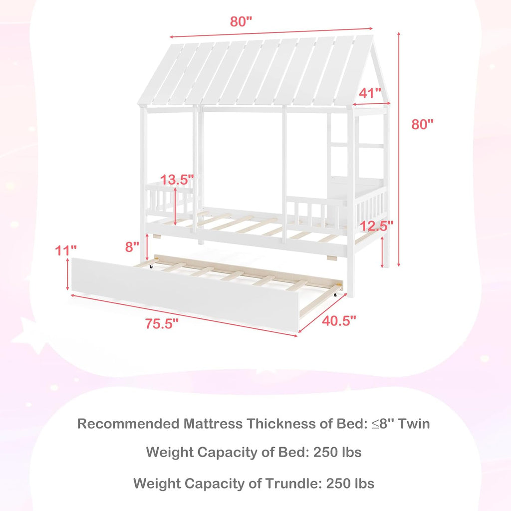 Tw Bed with Trundle Bed Twin, Wooden Montessori Bed Frame with Roof & Safety Guardrail for Kids, Teens, Boys or