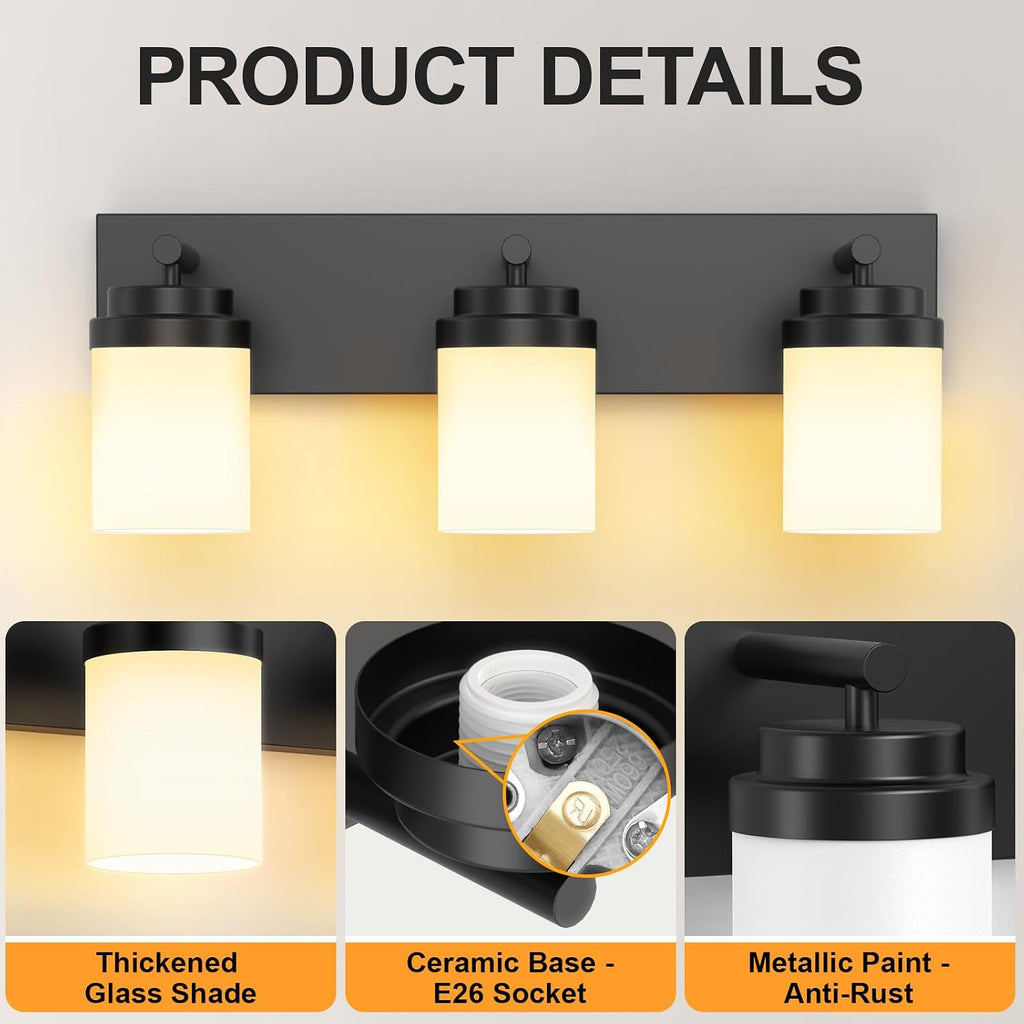 Bathroom Vanity Light Fixture, 3-Light 22 Inch Matte Black Bathroom Light Fixtures Over Mirror, with White Glass
