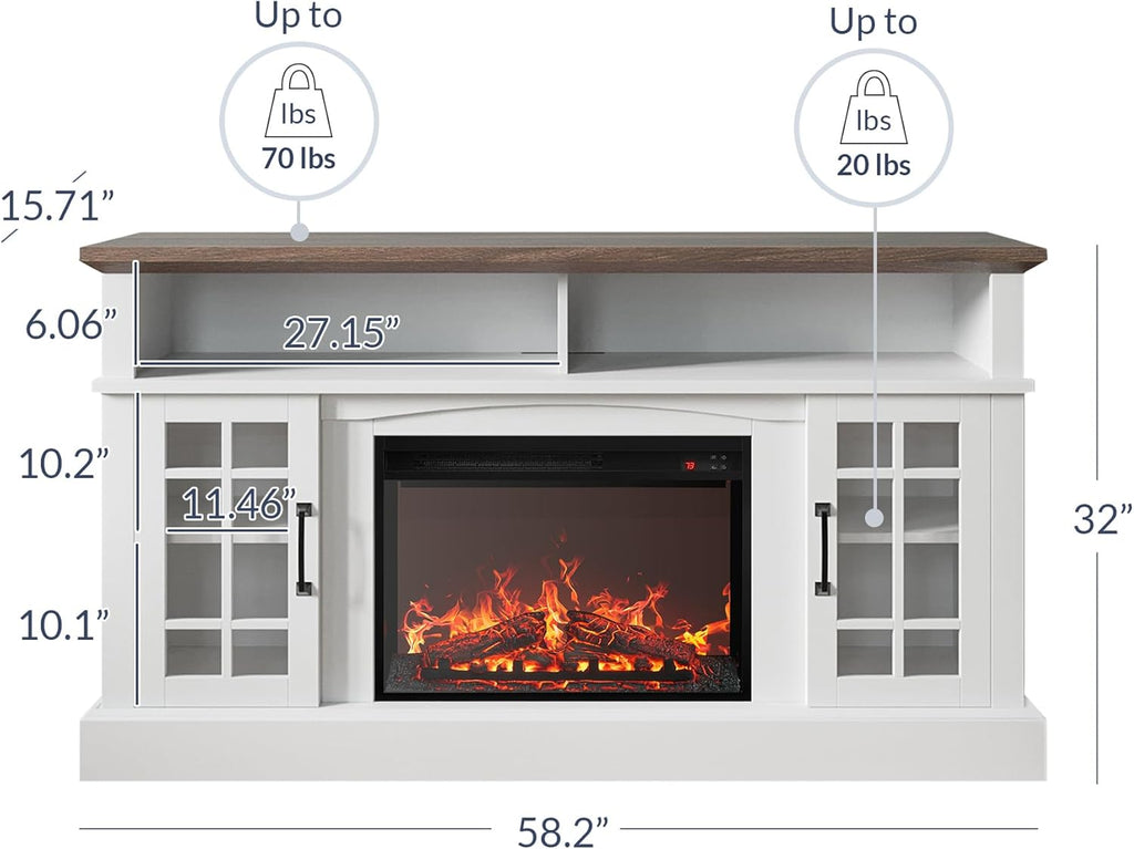 Traditional 58" Rustic TV Stand with 23" Electric Fireplace Heater with Sound, Media Entertainment Center Console Table for TV up to 65" with Open Storage Shelves and Cabinets - White
