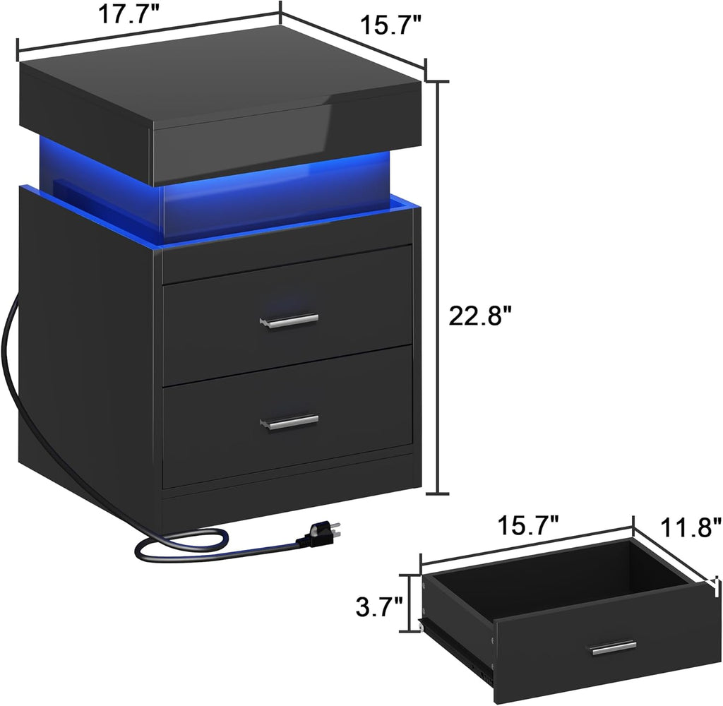LED Nightstand with Charging Station,Smart Night Stand with Sliding Top Storage, 2-Drawers High Gloss Bedside Table