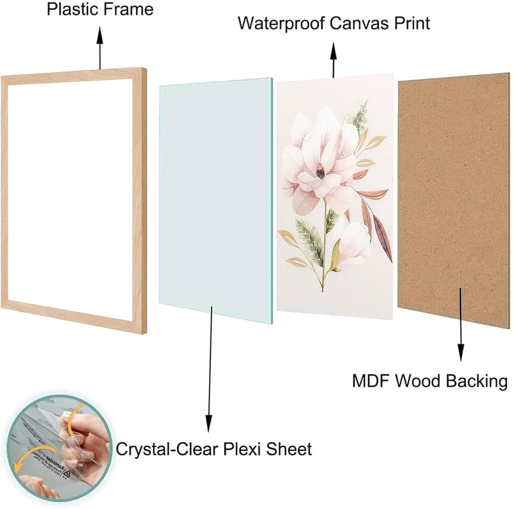 Framed Botanical Wall Art Set of 2, Pink Floral Canvas Prints with Natural Wood Frame & Acrylic Cover, Modern