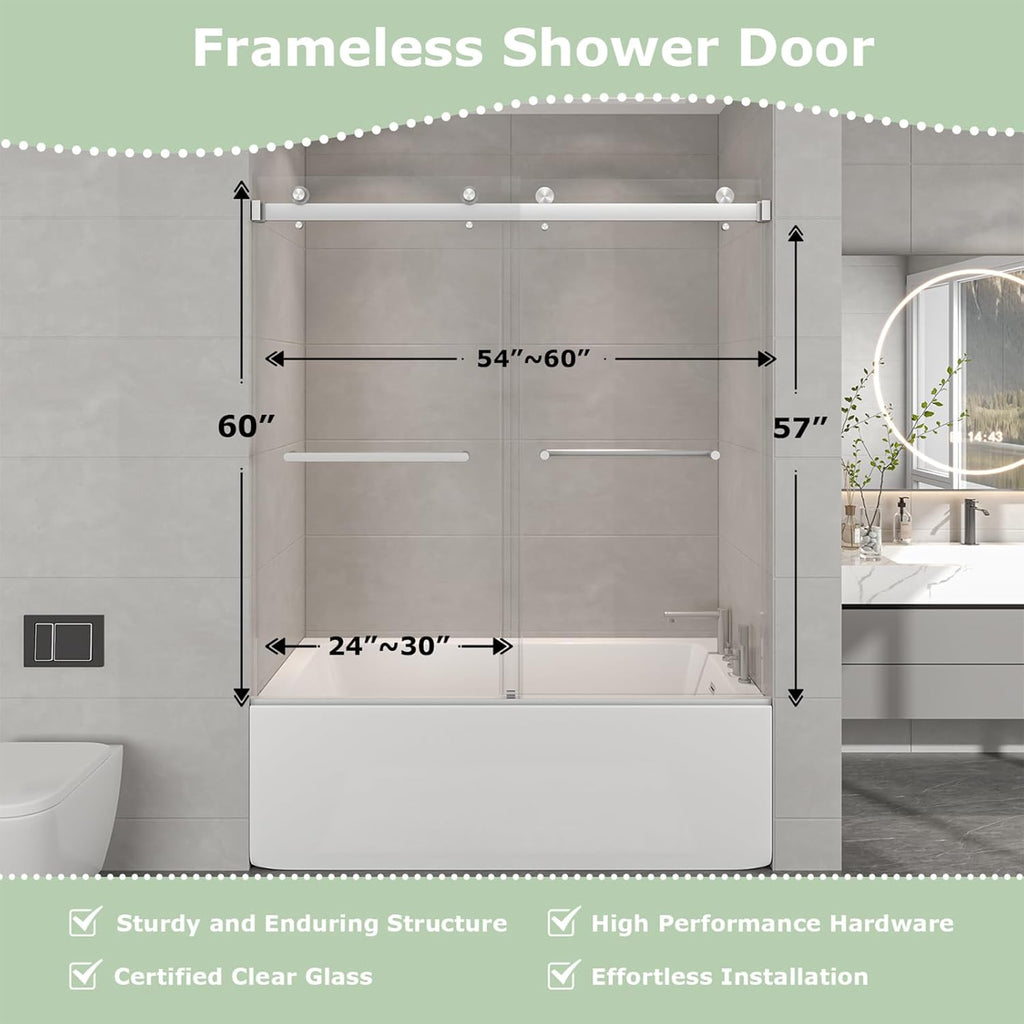 55"-60" W x 60" H Frameless Bathtub Shower Door, Double Sliding Shower Door, 5/16"(8mm) Clear Tempered Glass