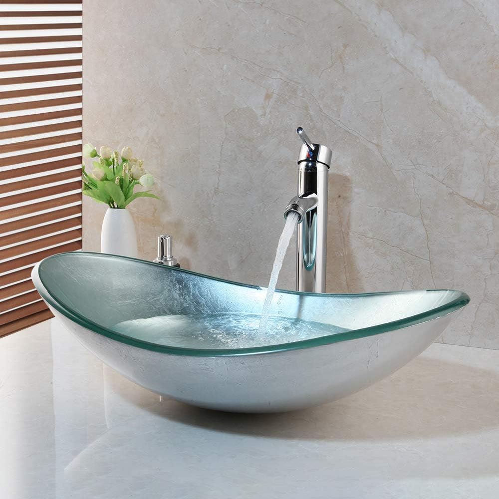 Bathroom vessel sink, Artistic Tempered Glass Oval Vessel Sink Above Counter with Chrome Faucet and Pop-up Drain Combo