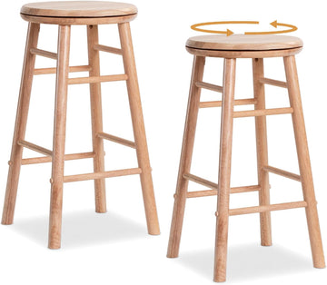 Wooden Swivel Round Bar Stools Set of 2, 24-inch Height Backless Counter Chairs with Footrest, 330Lbs Sturdy