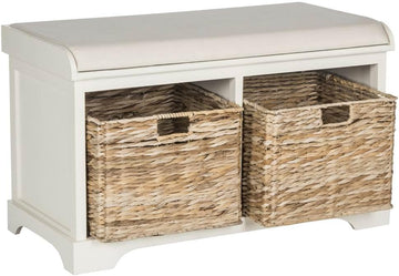 Furniture - Freddy 2-Basket Storage Bench - Vintage White - Solid Wood - Coastal Basket Storage Design - Ideal , 18"