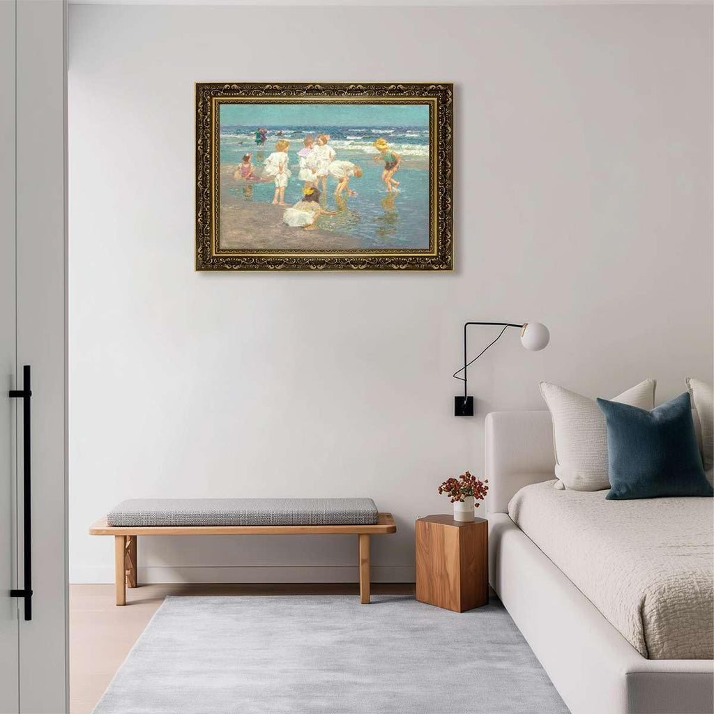 Framed Vintage Wall Art Children Playing at the Beach Poster Canvas Print Oil Paintings Reproduction World Classics