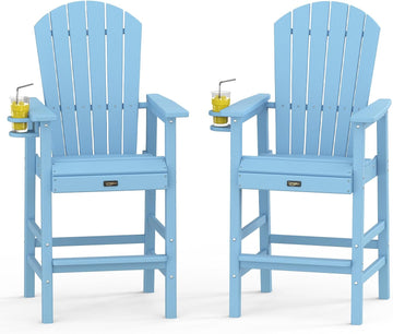 Tall Adirondack Chairs Set of 2, All-Weather Plastic Adirondack Chair with Cup Holders, Heavy-Duty HDPE Outdoor Bar
