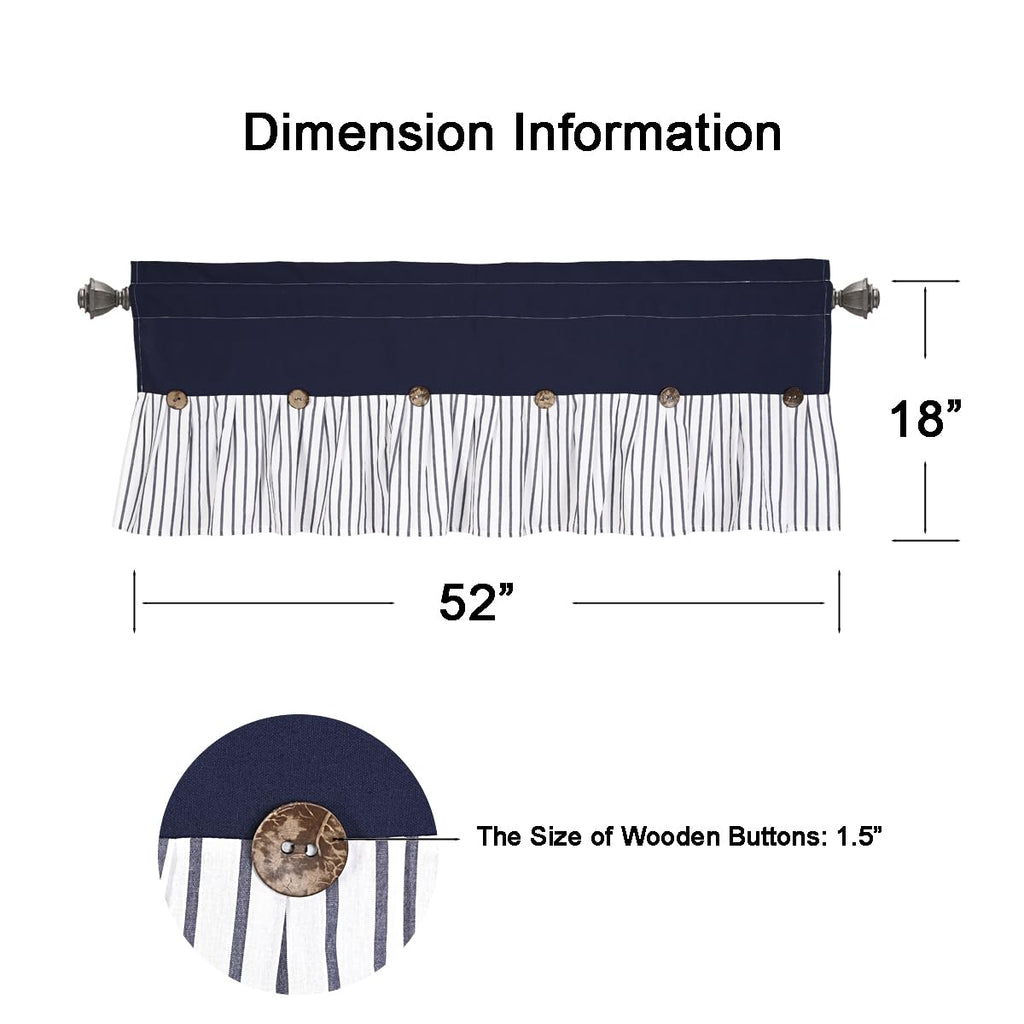 Ides Farmhouse Navy Blue Button Valance, Striped Pleated Design with Coconut Buttons, Window Treatment Living Room