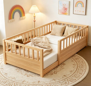Twin Floor Bed with high Fence, Solid Pine Wood Montessori Bed for Kids Girls Boys Floor Bed Frame,Natural with slats