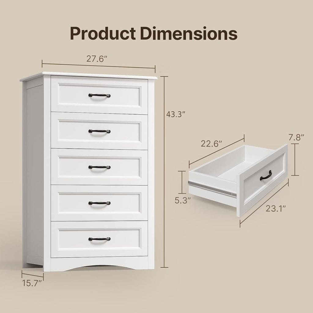 5 Drawer Dresser, White Wood Chest of Drawers , 43.3" Large Capacity Storage Cabinet with Anti-Tip Device, for