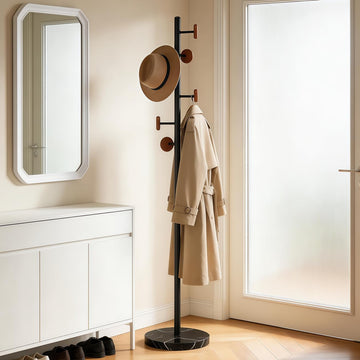 Freestanding Mid-Century Modern Coat Rack | Sturdy metal frame, solid marble base & round wood hooks, great daily