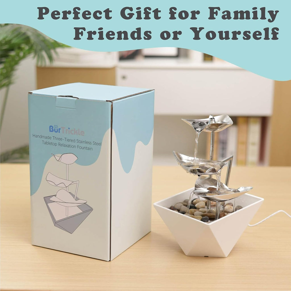 Tabletop Water Fountain Indoor - Handcrafted 3-Tier Waterfall 304 Metal Easy "+" "-" On/Off Switch, Quiet Pump, Zen