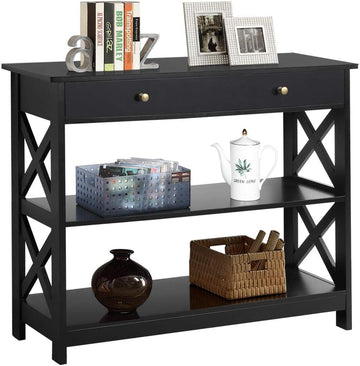 Console Table with Drawer, 39.5 Inch Narrow Sofa Table with Storage Shelves, 3-Tier Wood Entryway Table /Living
