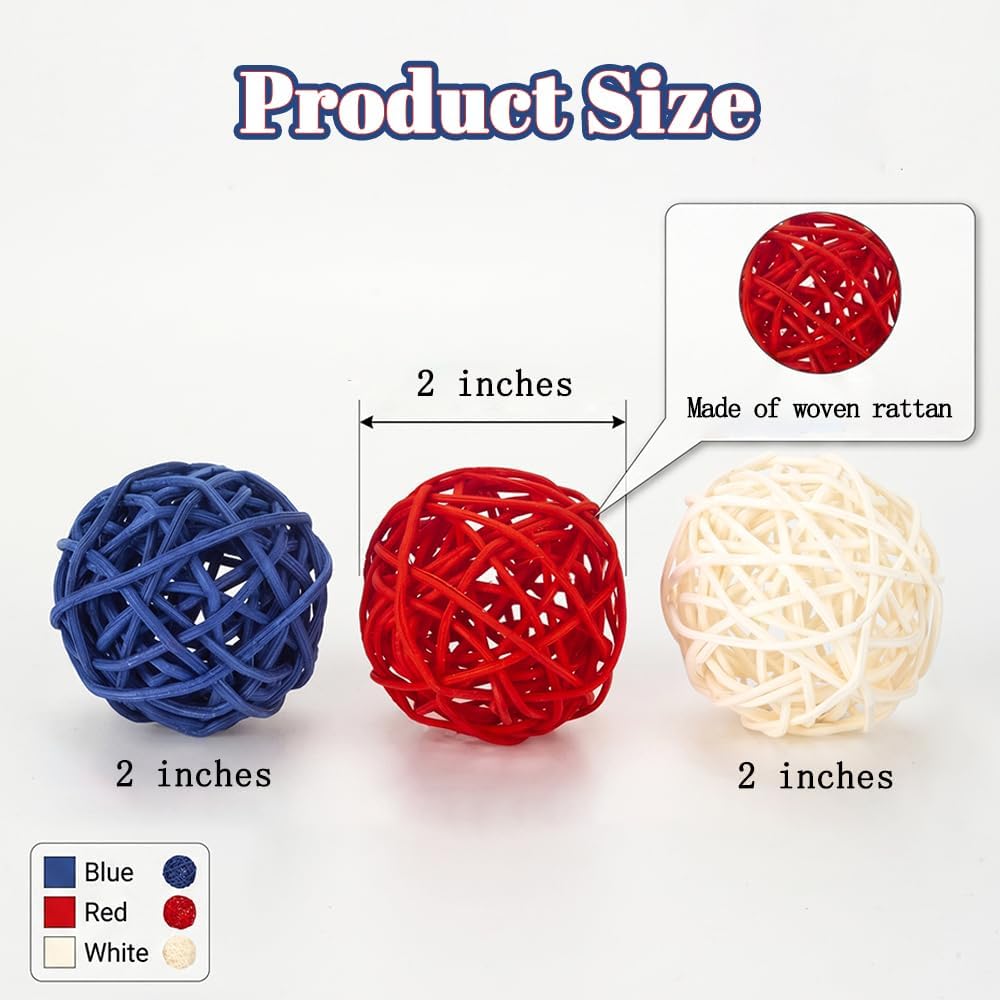 4th of July Decorations Rattan Balls, Patriotic Vase Bowl Filler - Set of 18