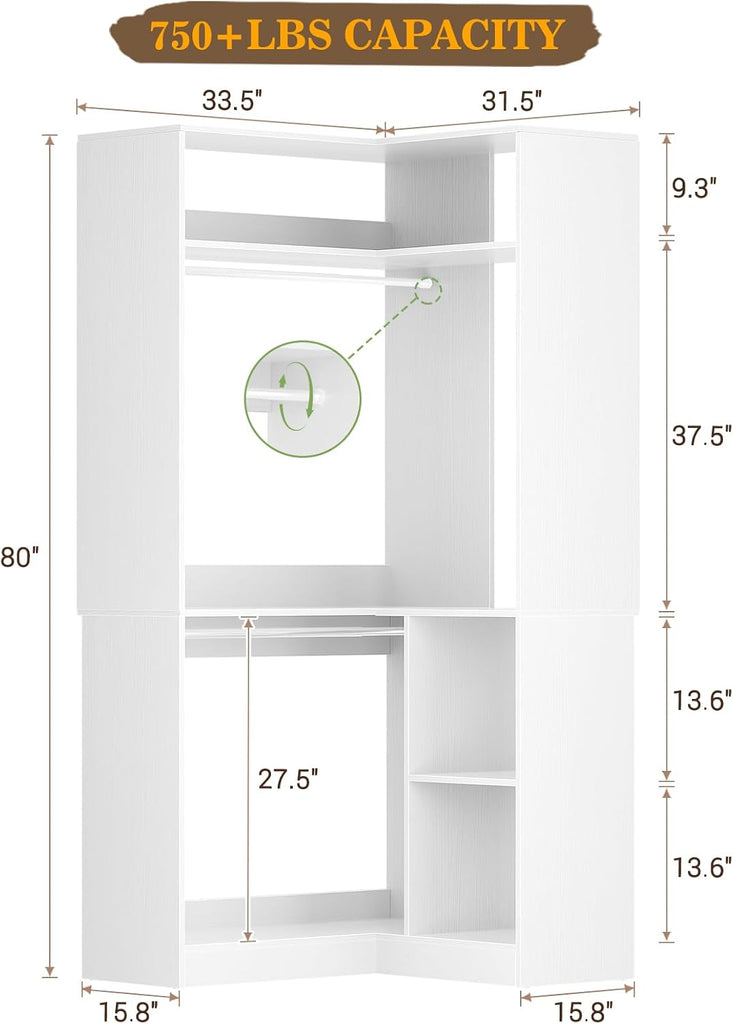 Corner Closet System With Shelves, 34'' Organizer With Hanging Rods, Wood Walk-in for Small Space, Freestanding