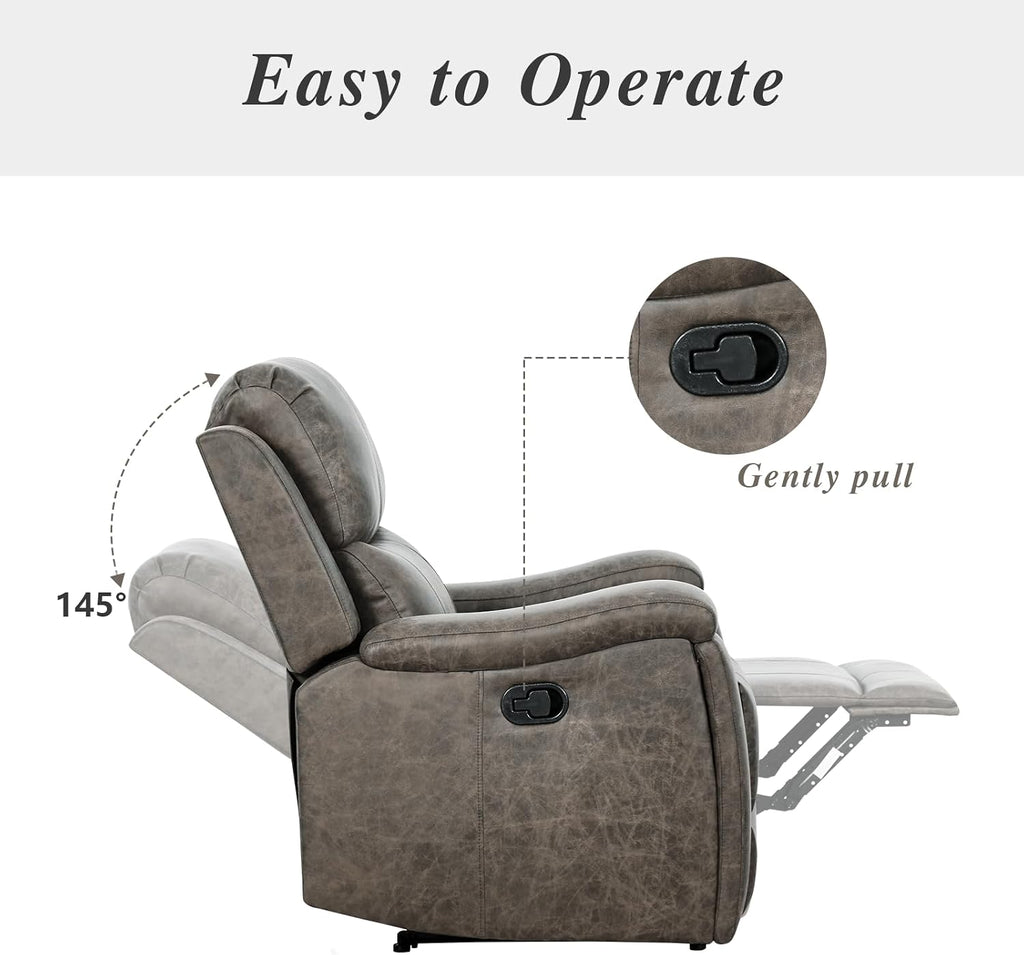 Grey Recliner Chair, Single Overstuffed Sofa Recliners, Breathable Faux Leather Manual Reclining Chairs with Hidden