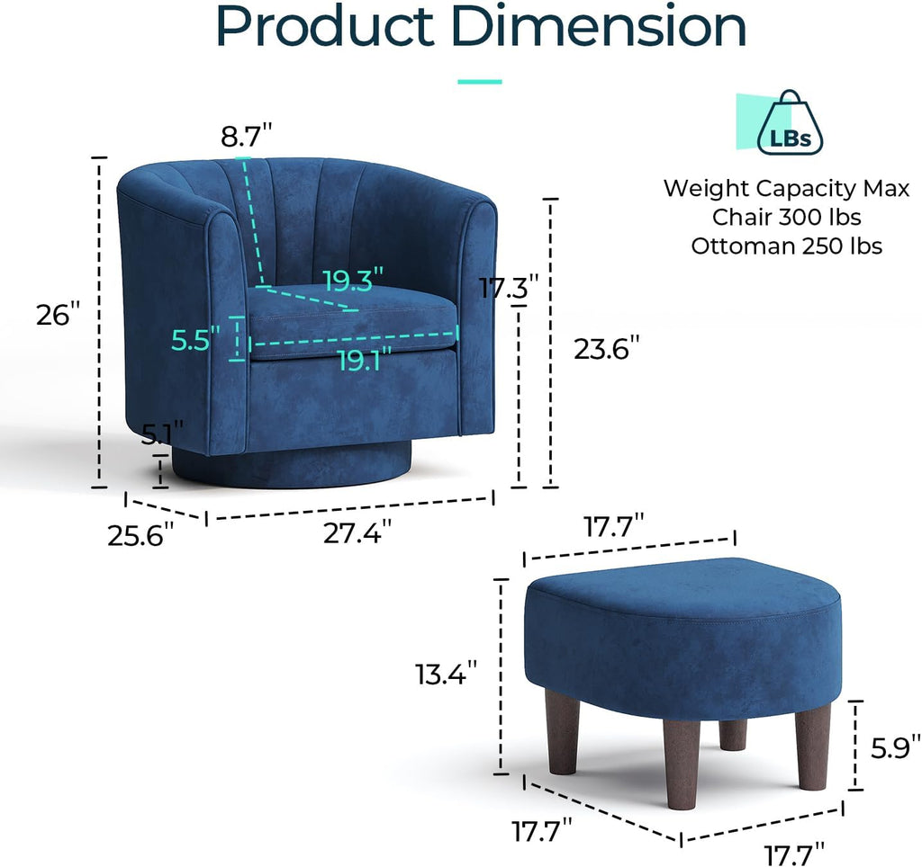Swivel Accent Chair with Ottoman: Small Velvet Barrel Chair 360 Swivel Modern Armchair, Upholstered Reading Chair