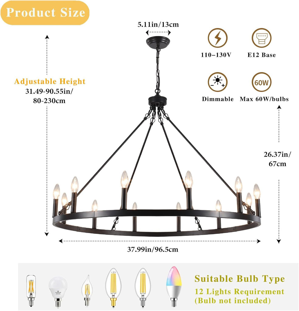 Inspired Camino Style Chandelier - Black Large Wagon Wheel Chandelier 38 inch, 12 Lights Farmhouse Chandelier, Industrial Rustic Candle Pendant Light Fixture for High Ceiling Living Room Dining Room Entryway