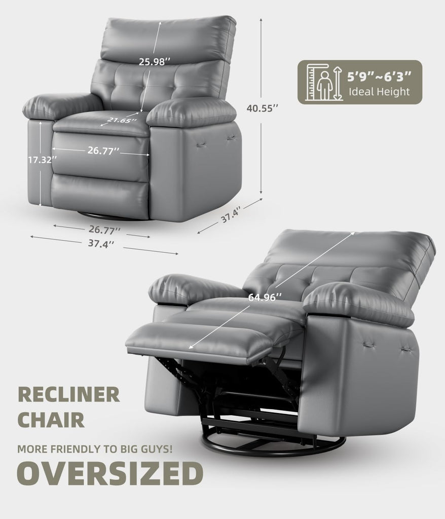Oversized 27" Recliner Chairs, Classic Manual Leather Recliner