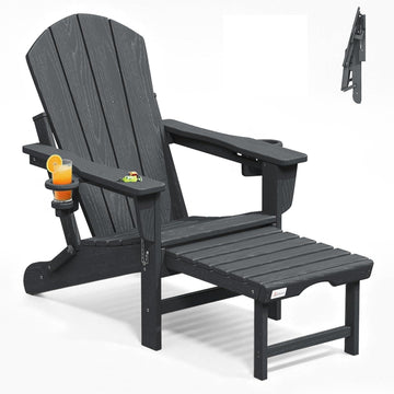 HDPE Folding Adirondack Chair, 20" W | 400 lbs | 2 Cup Holders, Grey | Weather Resistant, Retractable Ottoman, Wooden