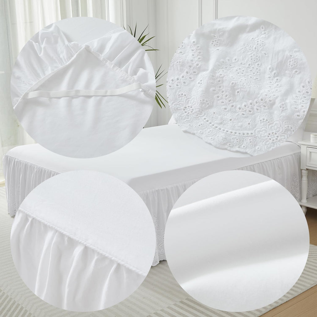 White Eyelet Bed Skirt Queen Size 100% Cotton Ruffled Dust Ruffle Bed Skirt 18 Inch Drop with Embroidered Floral