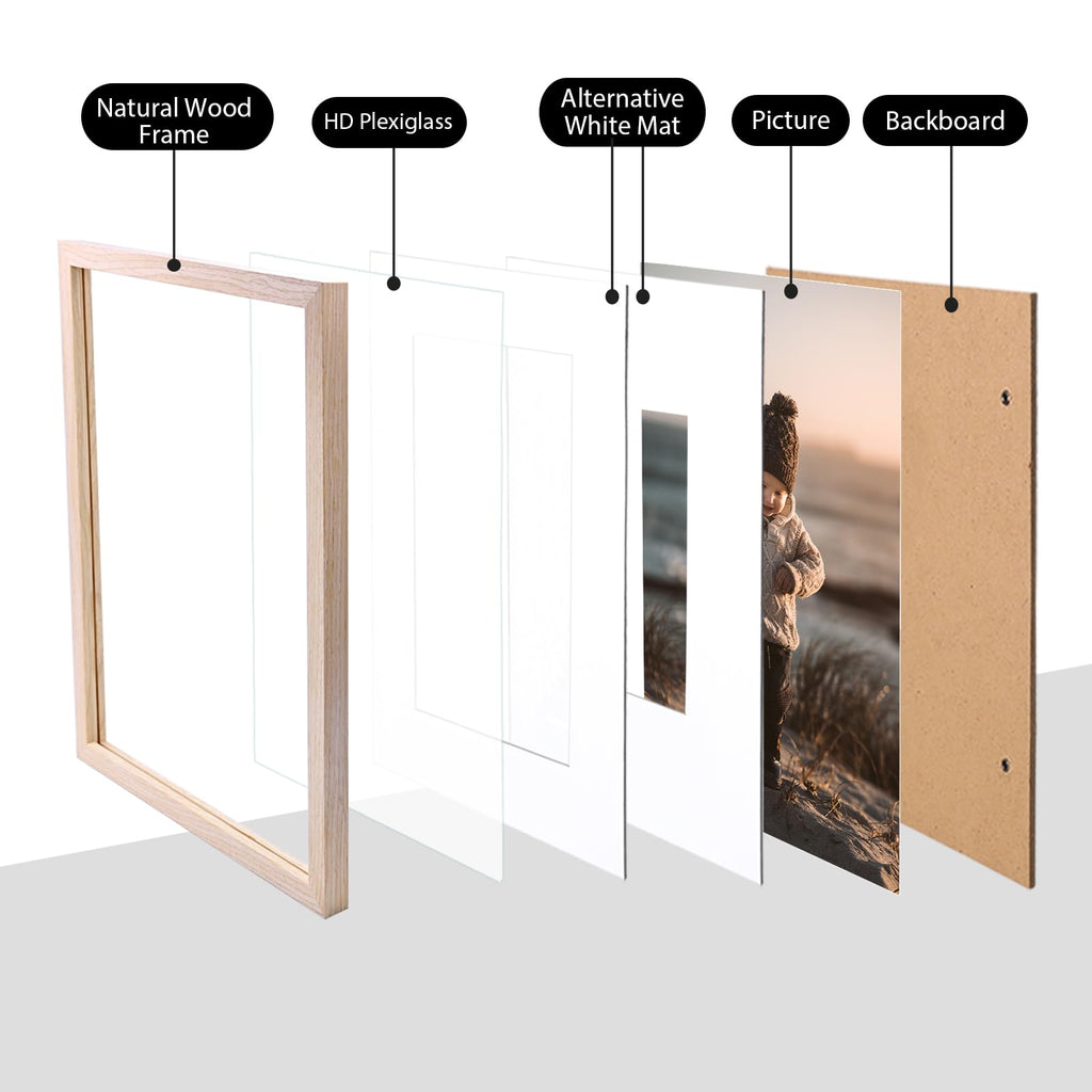11x14 Picture Frame Natural, Solid Wood Frames 14x11 with Acrylic Plexiglass for Pictures 5x7/8x10 with Mat or 11x14