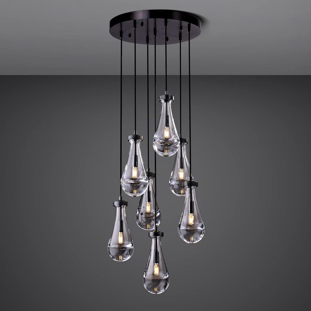 Raindrop Pendant Lights Kitchen Island Teardrop Black Hanging Light Fixtures Clear Solid Glass Pendant Light Modern Chandeliers for Dining Room Porch Corridor Living Room (7-Light) A121-B0CJF34NBX