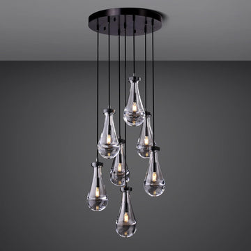 Raindrop Pendant Lights Kitchen Island Teardrop Black Hanging Light Fixtures Clear Solid Glass Pendant Light Modern Chandeliers for Dining Room Porch Corridor Living Room (7-Light)
