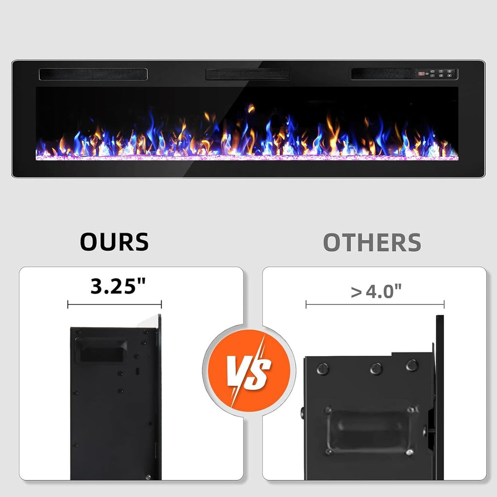72 Inch Electric Fireplace, Ultra-Thin Fire Places Electric Fireplace Inserts Recessed and Wall Mounted with Remote