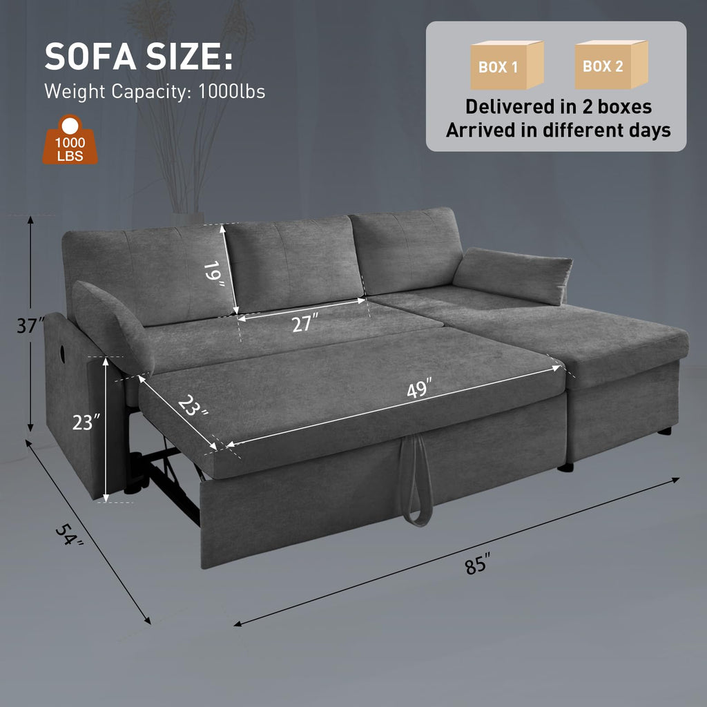 85" L Shaped Sectional Sofa Couch, Pull Out Couch Sleeper Sofa Bed, Soft Chenille Deep Seat Sofa, Reversible Chaise