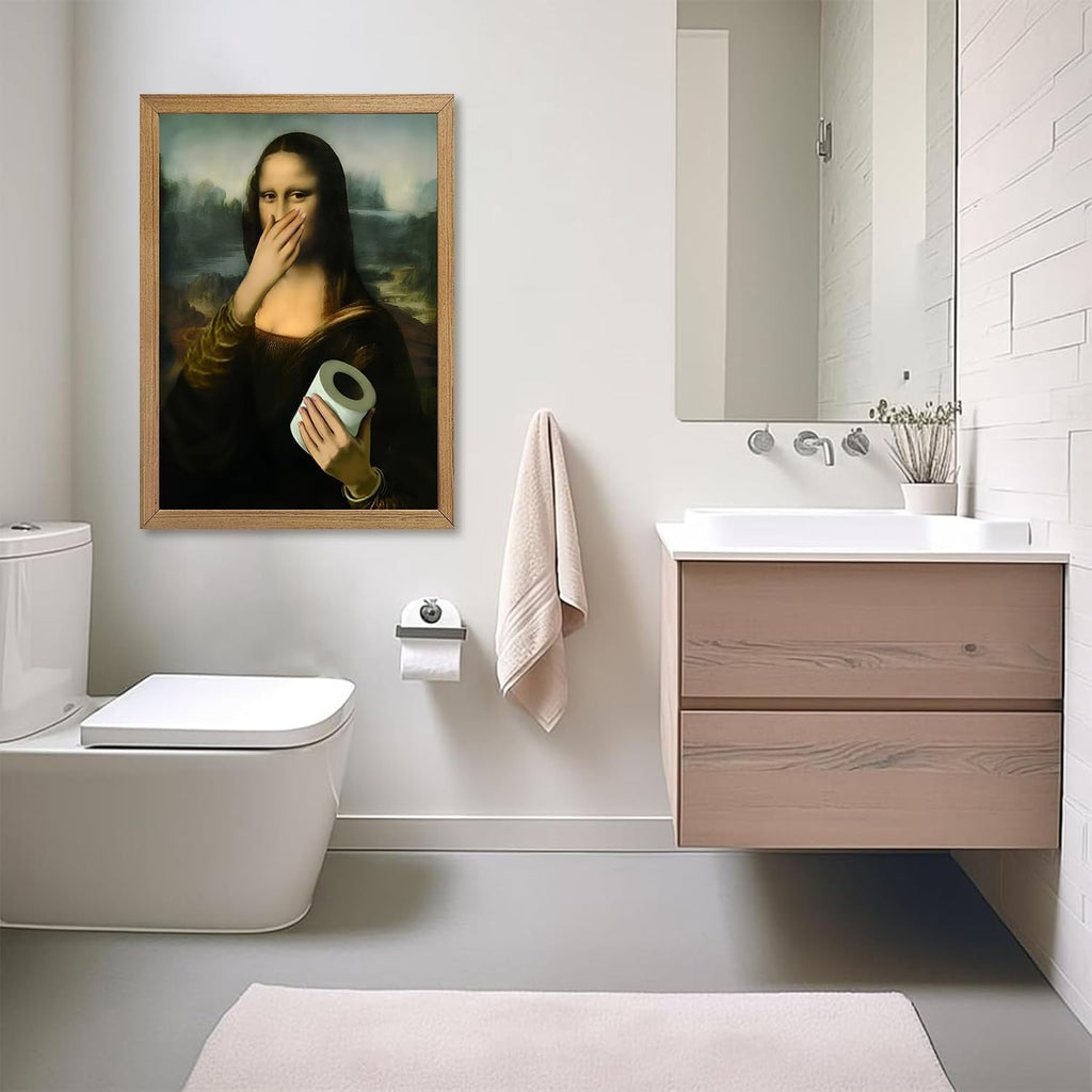 Wood Framed Funny Bathroom Canvas Wall Art Vintage Mona Lisa Wall Decor Humor Toilet Paper Pinching Nose Prints