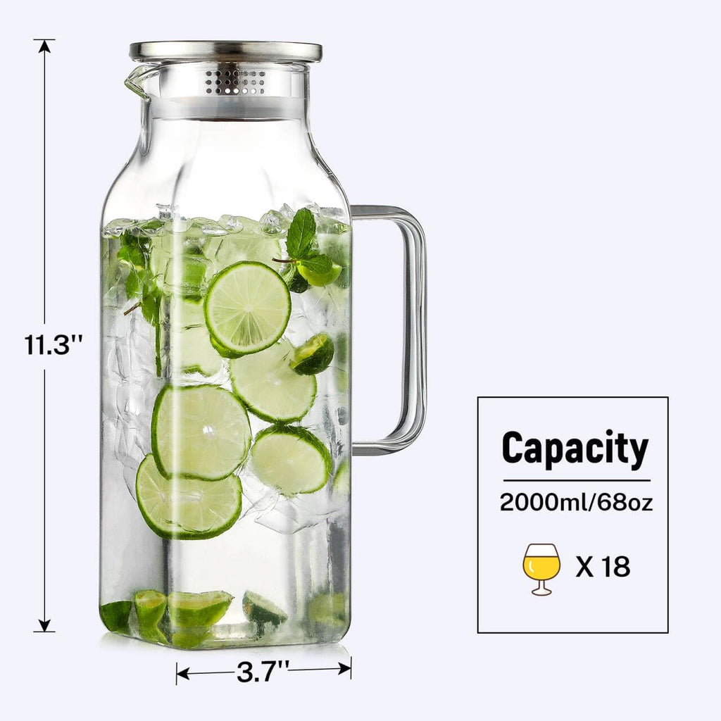 2 Quart (2 Liter 68 oz) Square Glass Pitcher with Lid and Spout, Water Pitchers with Handle for Fridge, Borosilicate