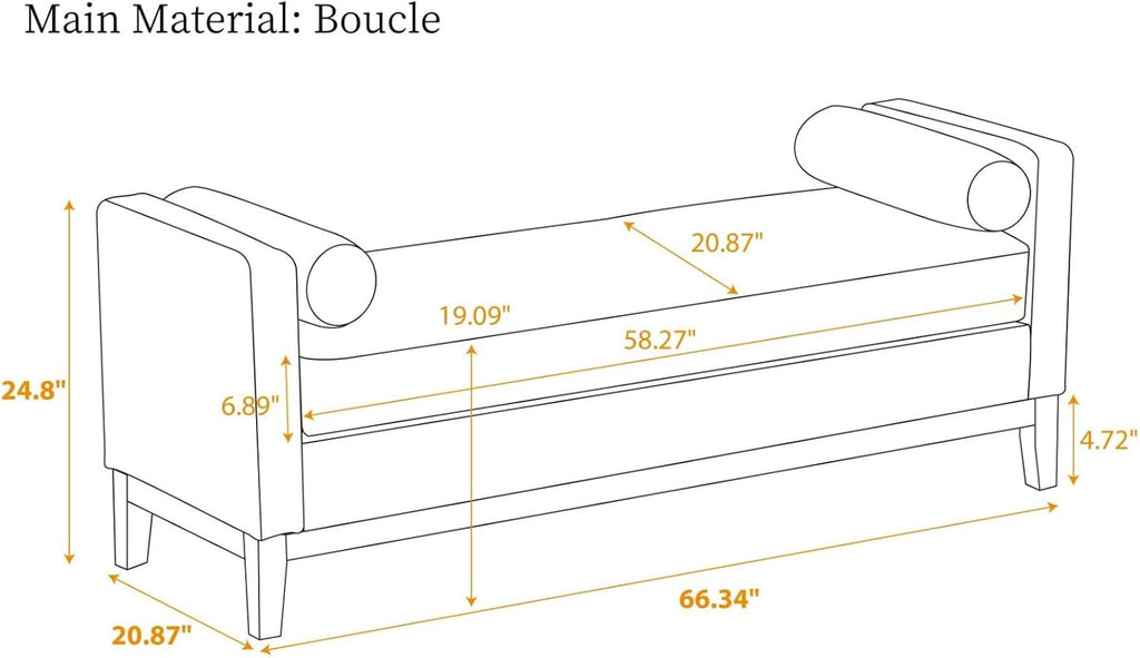 Oversize Boucle Bench Ottoman with 2 Bolster Pillows & Wood Legs, Upholstered End of Bed Daybed Seating, Foot Rest