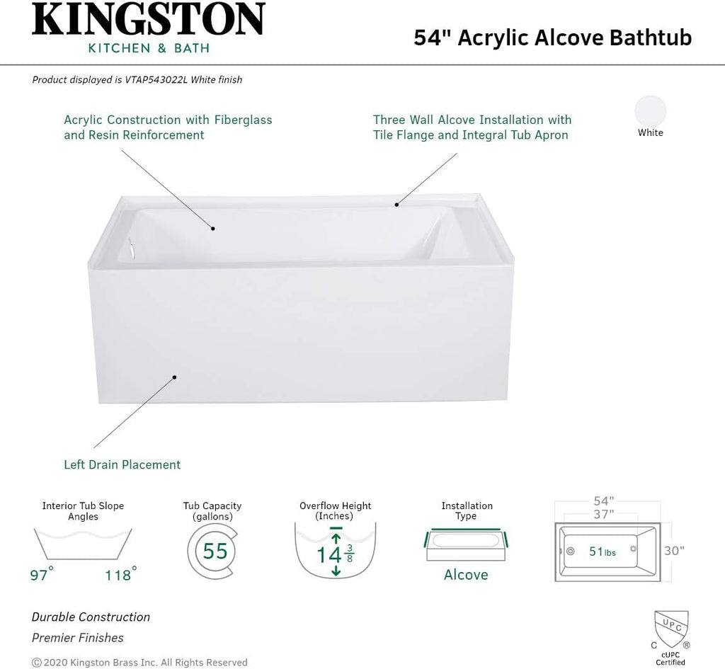 Aqua Eden VTAP543022L 54-Inch Acrylic Alcove Tub with Left Hand Drain, White