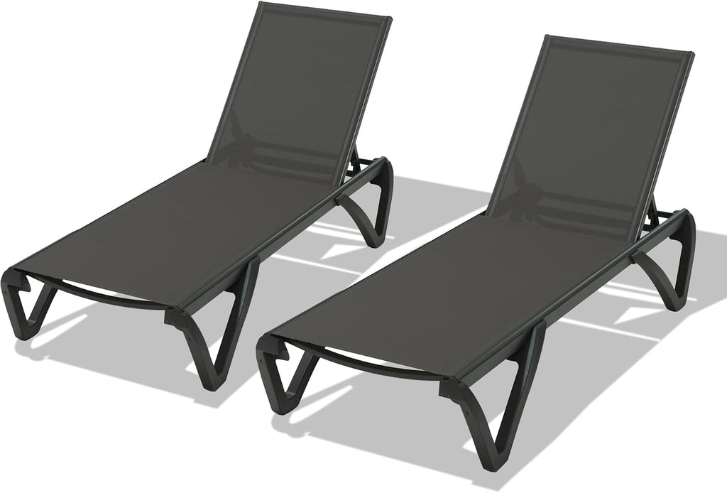 Pool Lounge Chairs Set of 2, Aluminum Patio Chaise Lounge with Wheels, 5 Position Adjustable, All Weather Outdoor