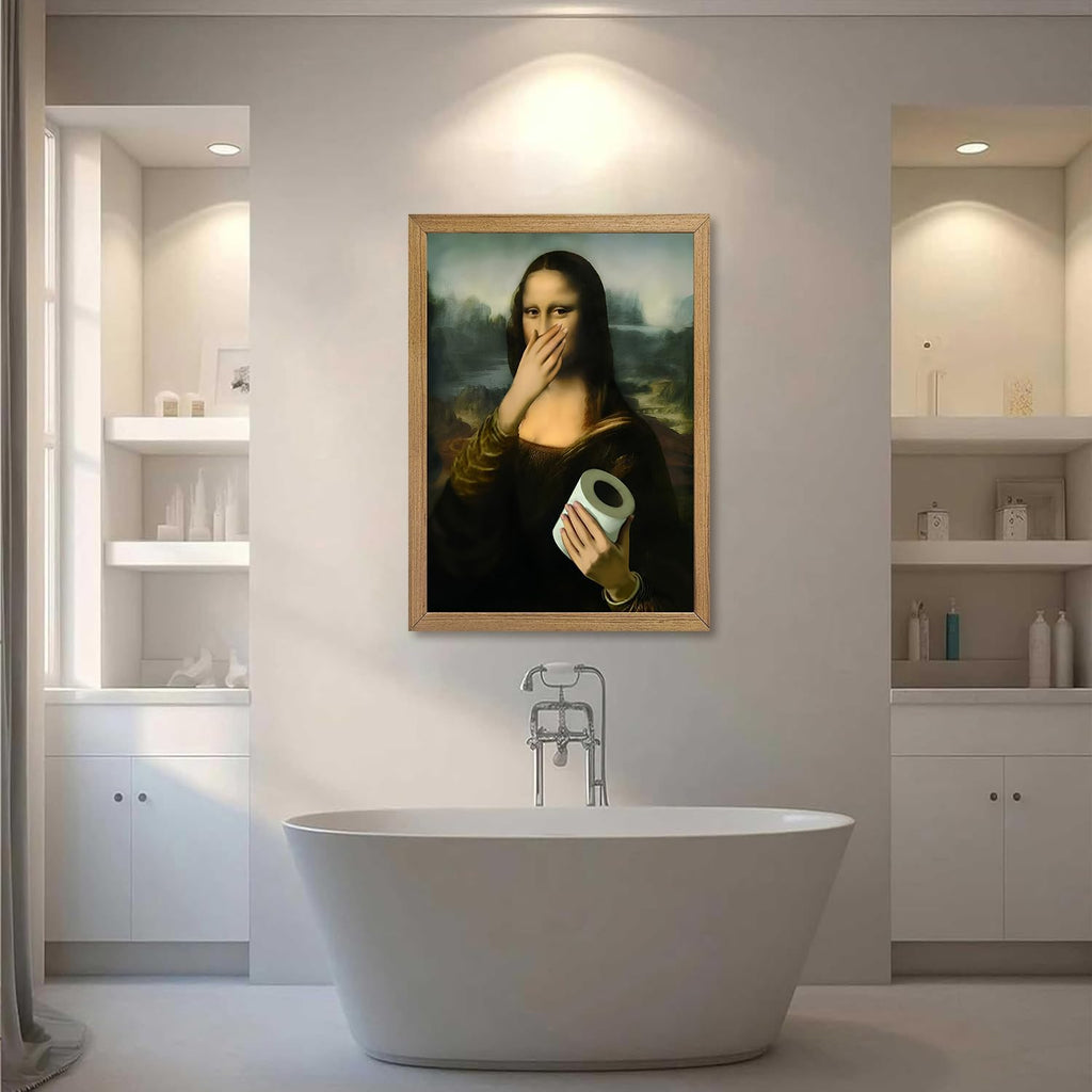 Wood Framed Funny Bathroom Canvas Wall Art Vintage Mona Lisa Wall Decor Humor Toilet Paper Pinching Nose Prints