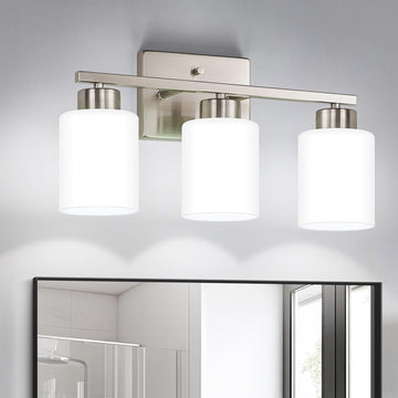 Brushed Nickel Bathroom Light Fixtures Vanity Lights Over Mirror | Modern 3-Light lighting fixtures with Milky White