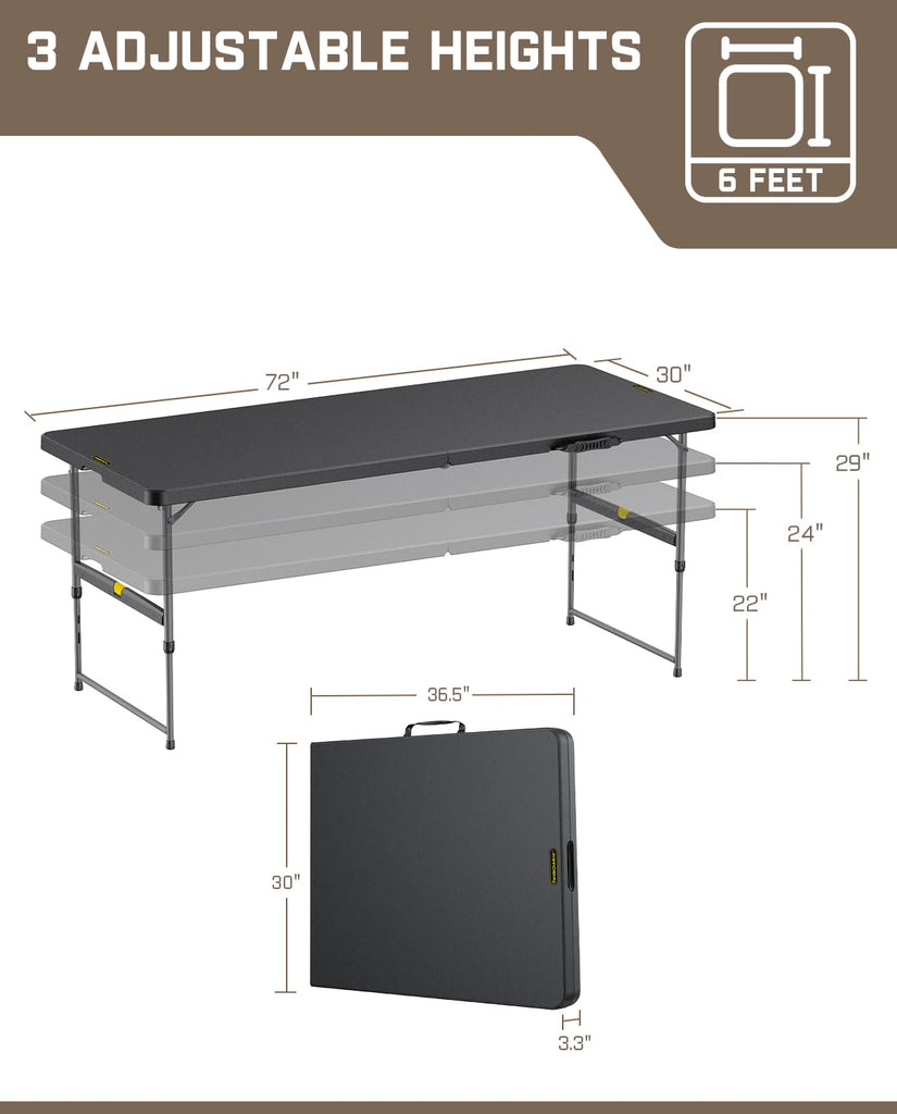 Folding Table Plastic 6ft Quick Adjust 3-Height Picnic Party